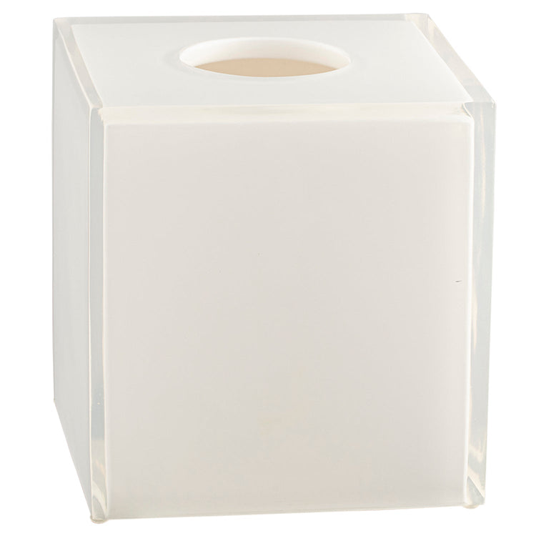 White | Elegant Reflections Boutique Tissue Box Cover with a glossy reflective finish, designed to stylishly conceal tissue boxes in any room.