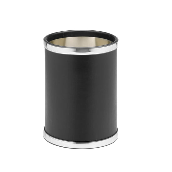 Black with Polished Chrome | Elegant 8qt Round Wastebasket from the Sophisticates collection, designed to complement any room with its contemporary look and practical size.