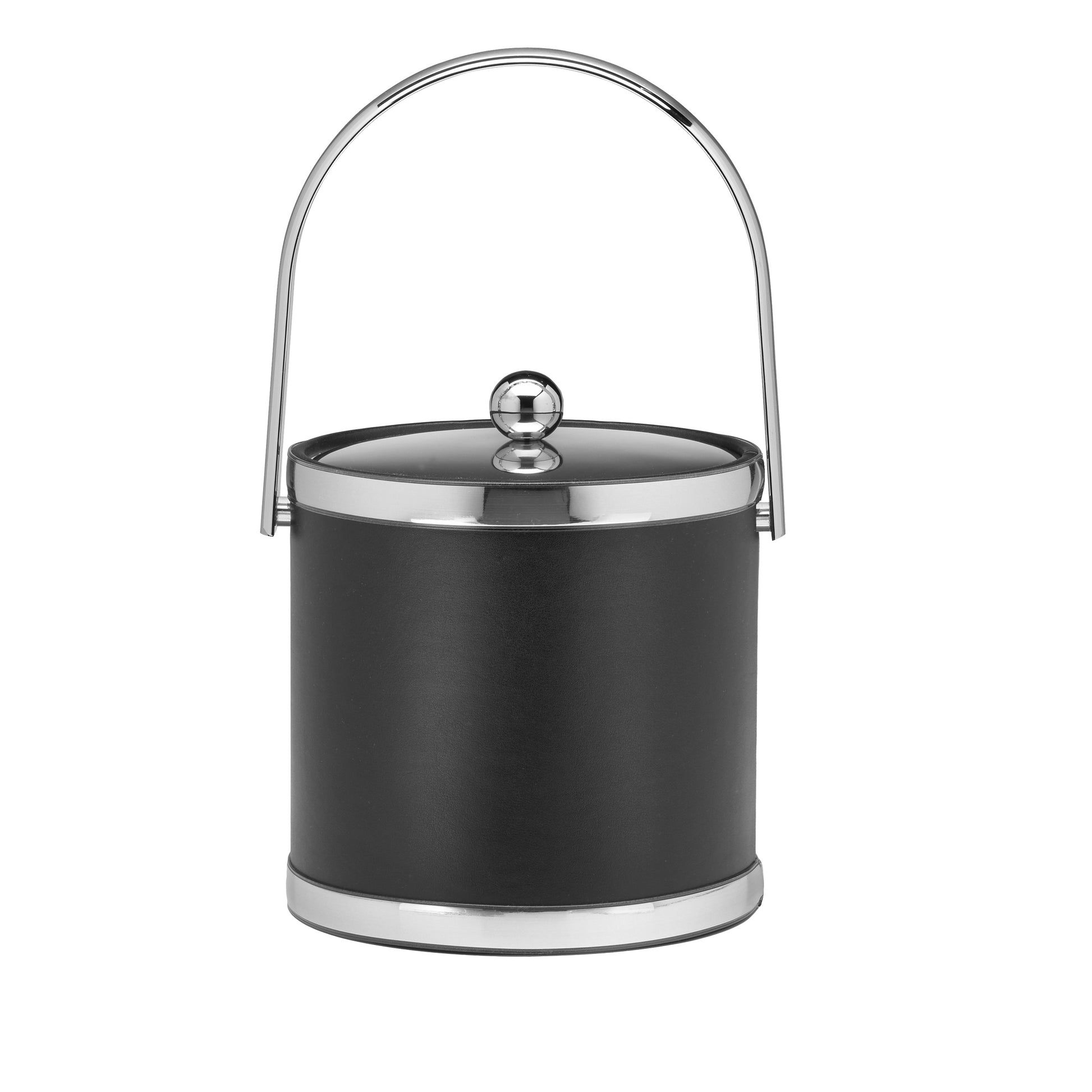 Black with Polished Chrome | Chic 3qt Ice Bucket from the Sophisticates collection, designed with a durable metal lid, decorative bands, and a practical track handle for a modern touch.