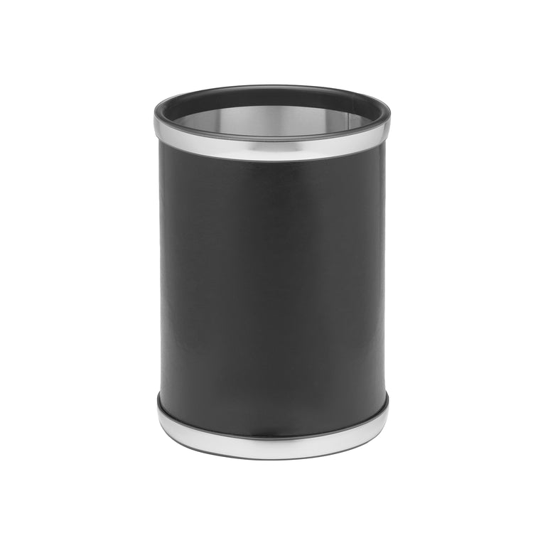 Black with Brushed Chrome | Chic Sophisticates 8qt Round Wastebasket, ideal for home or office use, combining functionality with a sophisticated aesthetic.