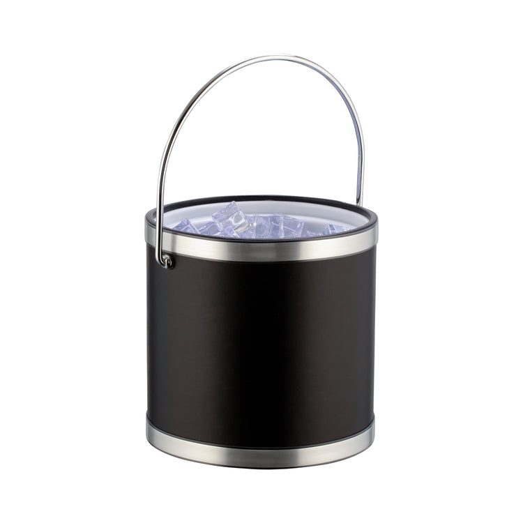 Black w/ Brushed Chrome | 3qt Sophisticates ice bucket with a luxurious finish, featuring a metal cover, chic bands, and a sturdy bale handle for a refined look.