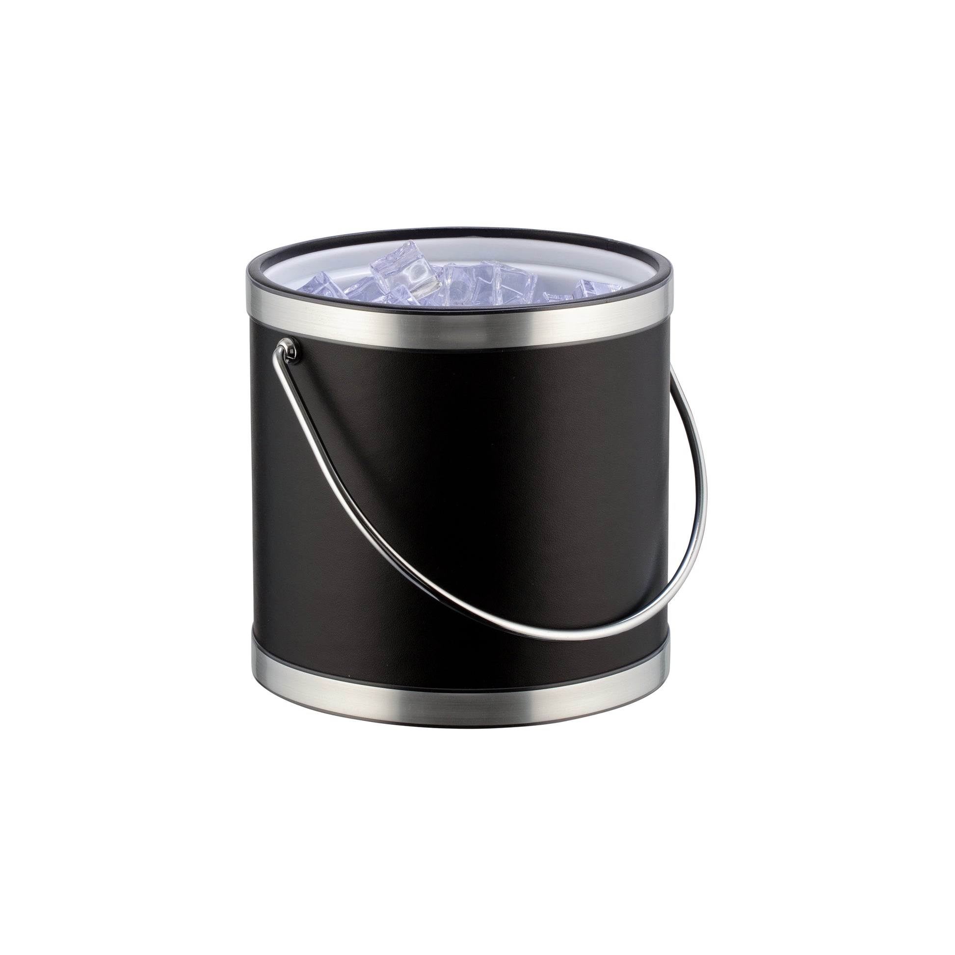 Black w/ Brushed Chrome | Sophisticates 3qt ice bucket designed with premium materials, a polished metal cover, accent bands, and a convenient bale handle.