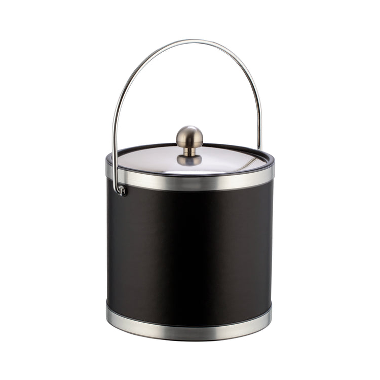 Black w/ Brushed Crome | Elegant Sophisticates 3qt ice bucket showcasing a reflective metal cover, decorative bands, and a bale handle for modern sophistication.