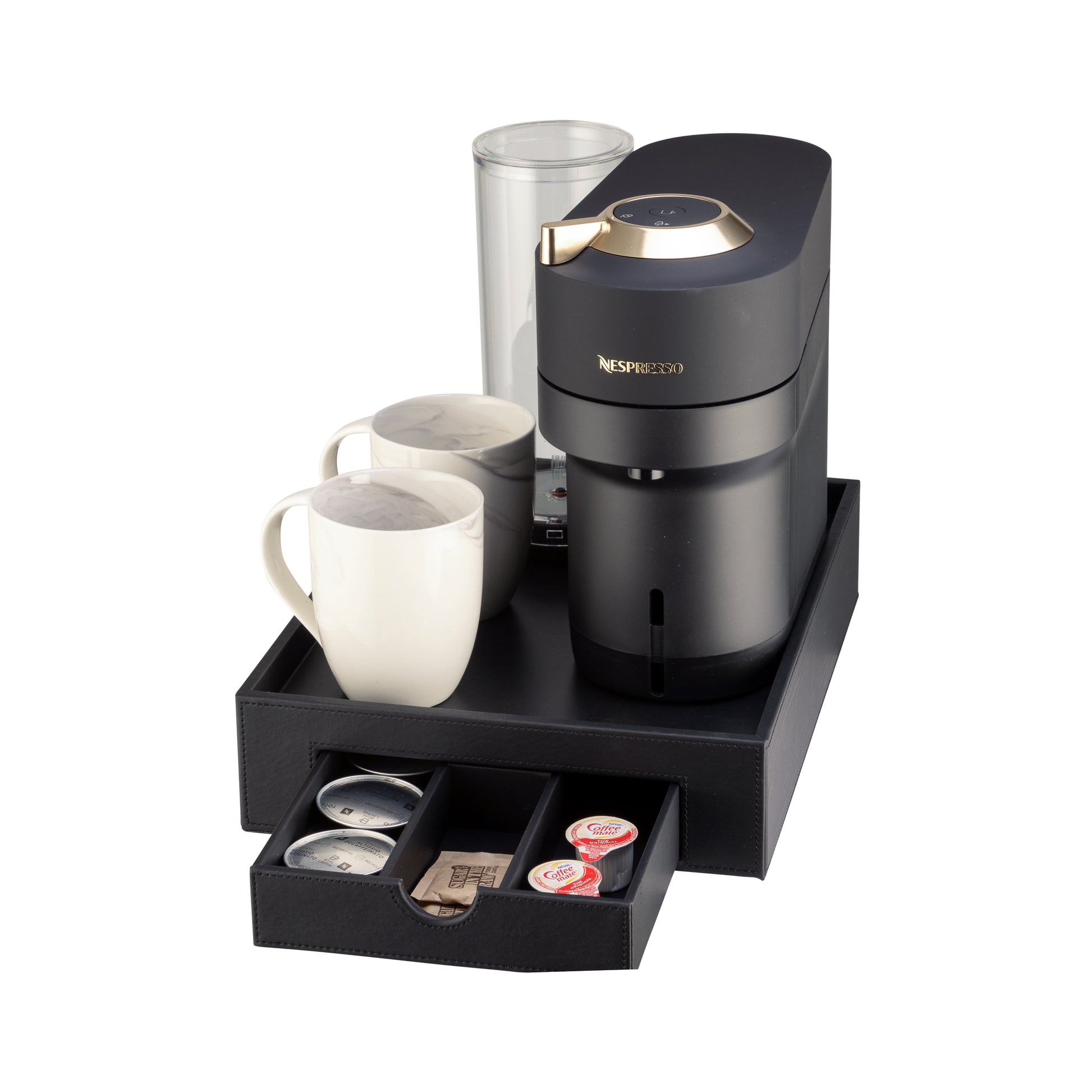 Black | Wake-Up Call Nespresso Coffee Drawer Tray, designed to elegantly store and organize coffee accessories in luxury hotel rooms.