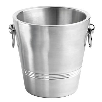 Brushed Stainless Steel | Double wall champagne bucket with polished finish and ring handles, designed to keep beverages chilled in an elegant hospitality or event setting.