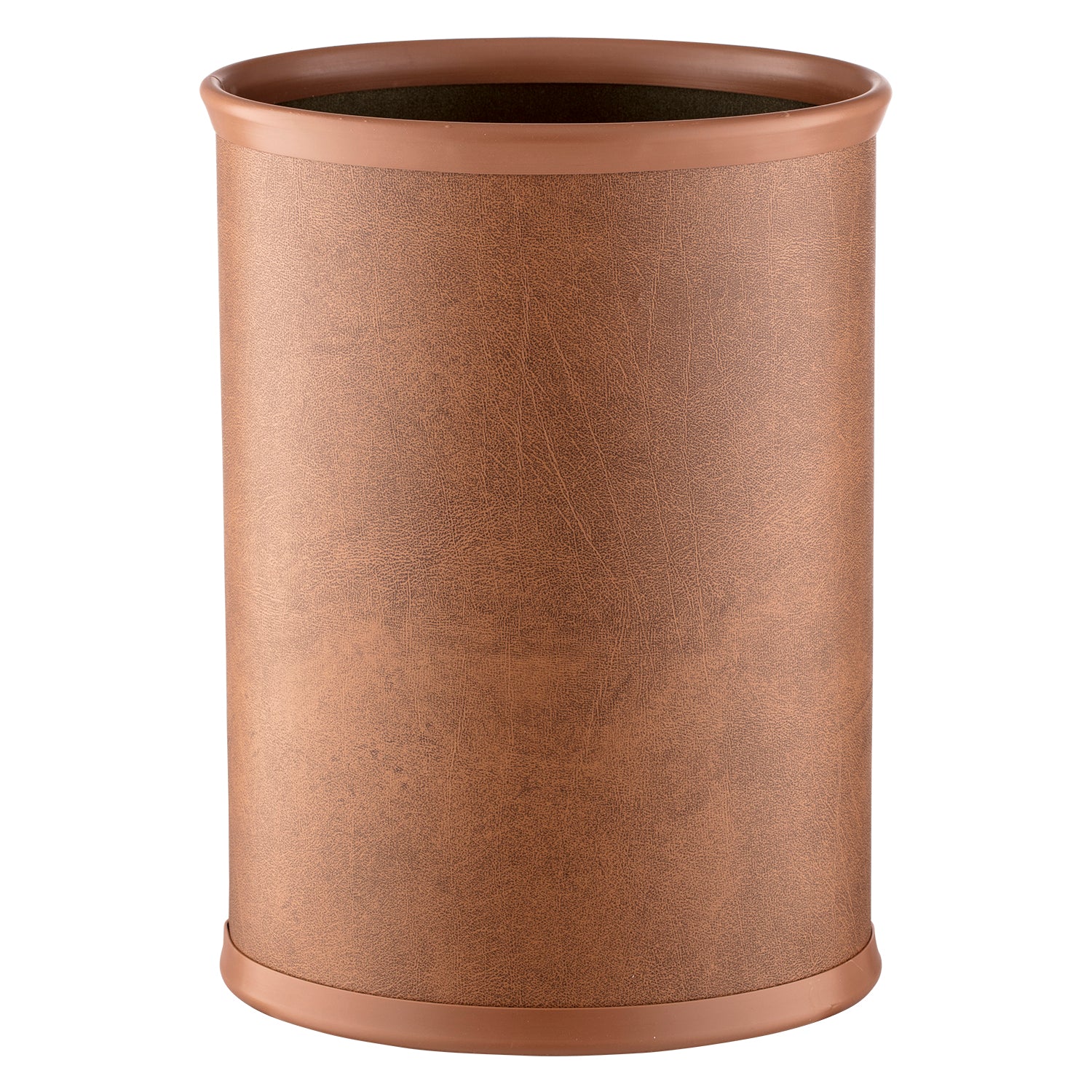 Walnut | Sleek Core 13qt oval leatherette wastebasket, designed for stylish waste disposal in upscale hospitality environments.