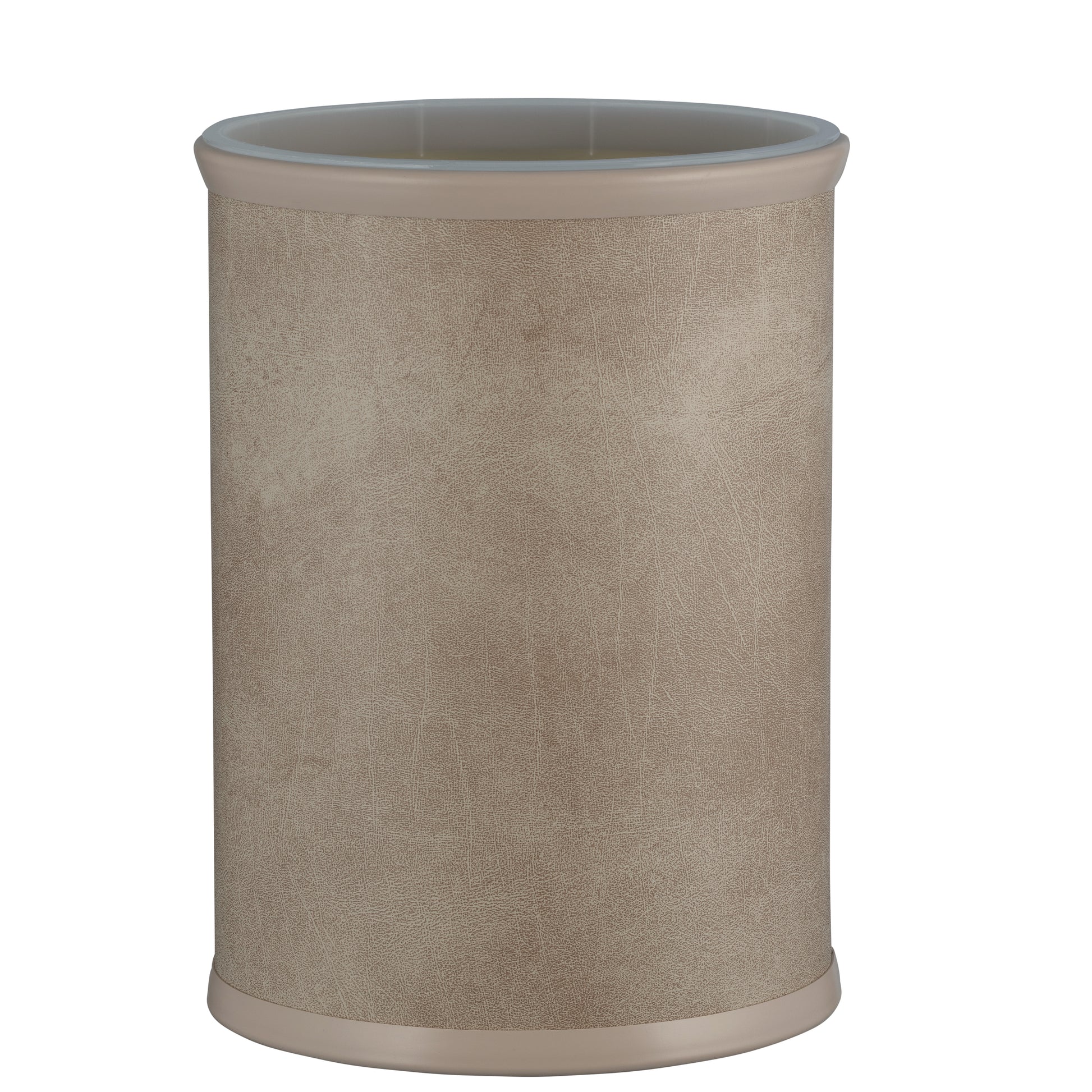 Taupe | Chic Core 13qt Oval Leatherette Wastebasket, crafted to enhance the aesthetics of high-end guestroom and hospitality settings.