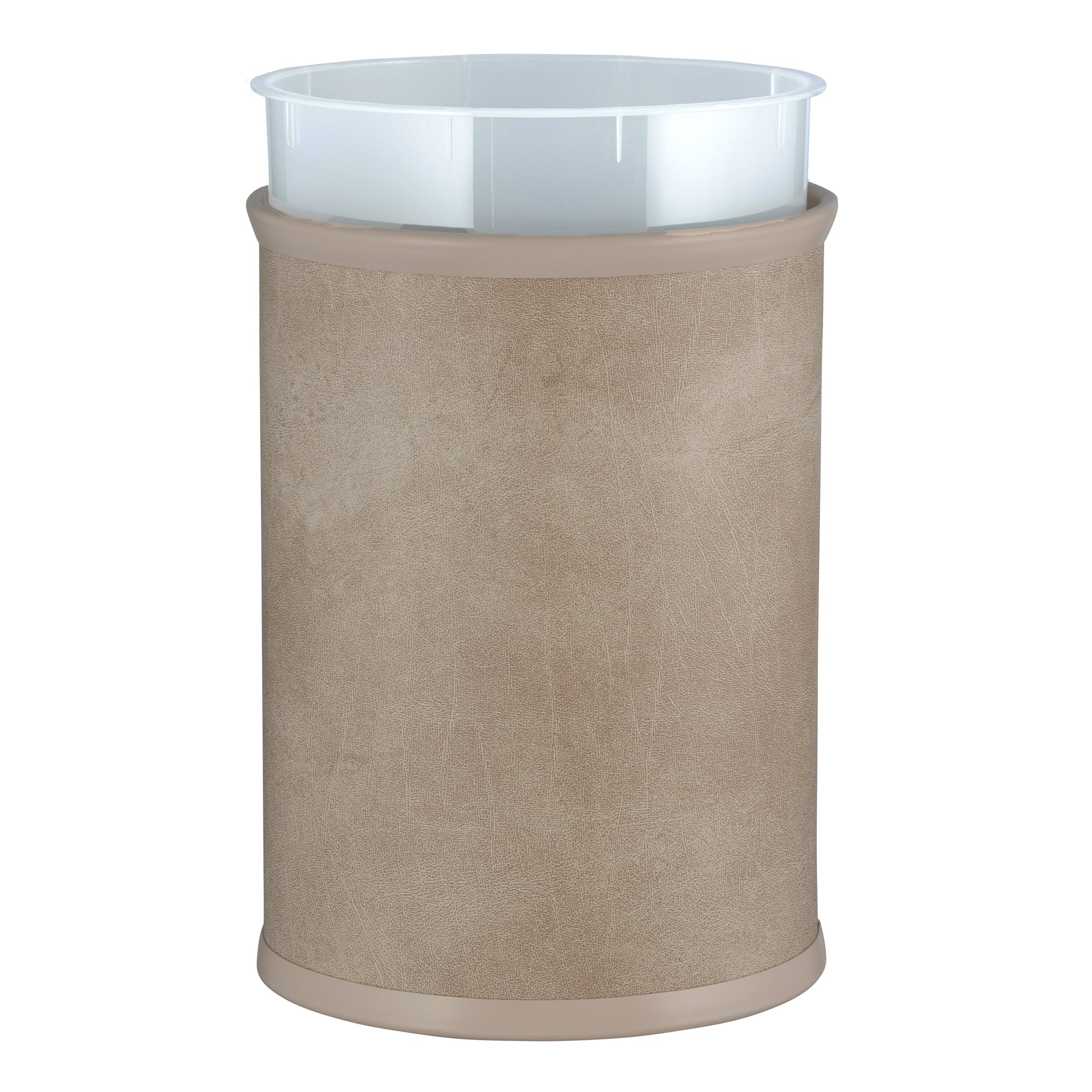 Taupe | Core 13qt Oval Leatherette Wastebasket, featuring a sleek oval shape and durable leatherette material for modern hotels.