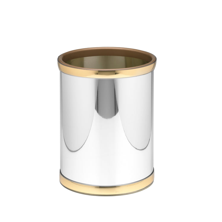 Polished Chrome & Brass | Compact Mylar 8qt Round Wastebasket with a lightweight design, perfect for discreetly disposing of waste in smaller spaces.