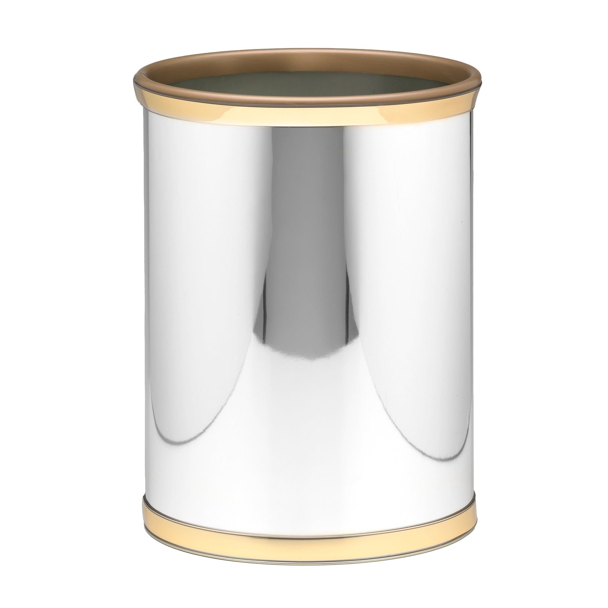 Polished Chrome & brass | Durable Mylar 13qt Oval Wastebasket with a spacious interior, ideal for holding household waste while maintaining a stylish appearance.