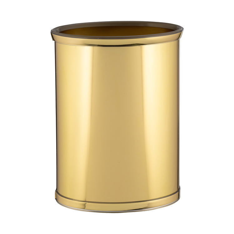 Polished Brass | Mylar 13qt oval wastebasket featuring a durable and reflective surface, ideal for enhancing the modern aesthetic of hospitality spaces.