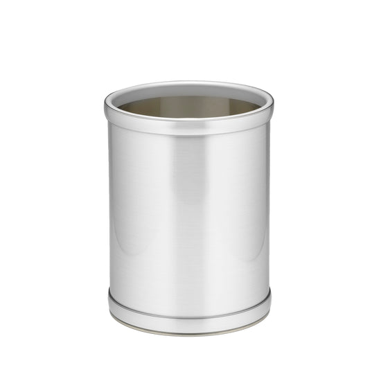 Brushed Chrome | Contemporary Mylar 8qt Round Wastebasket with smooth edges and a polished appearance, enhancing the decor of any room while keeping it tidy.