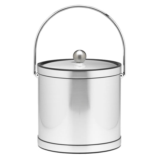 Brushed Chrome | Mylar 3qt Ice Bucket with chrome bale handle, decorative bands, and brushed chrome metal cover, perfect for upscale guestroom settings.