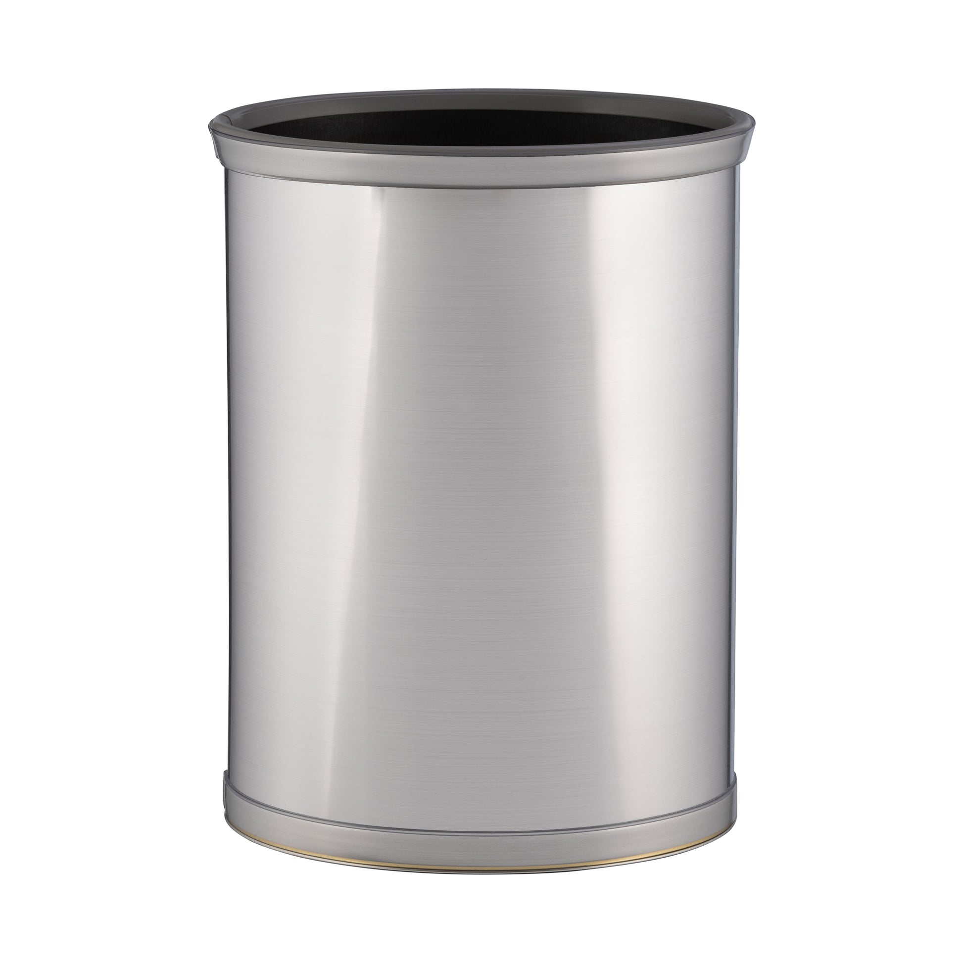 Brushed Chrome | Mylar 13qt oval wastebasket in a polished metallic finish, designed with a sleek and modern silhouette, perfect for guest rooms.