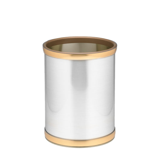 Brushed Chrome & Brass | Functional Mylar 8qt Round Wastebasket, perfect for organizing waste in home or office environments, while adding a touch of sophistication.