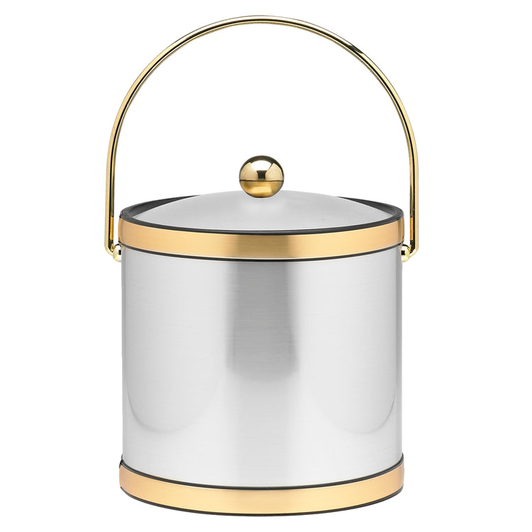 Brushed Chrome & Brass | Elegant Mylar 3qt Ice Bucket featuring a bale handle, Lucite cover, and Astro knob, available in two stunning finishes for hospitality use.