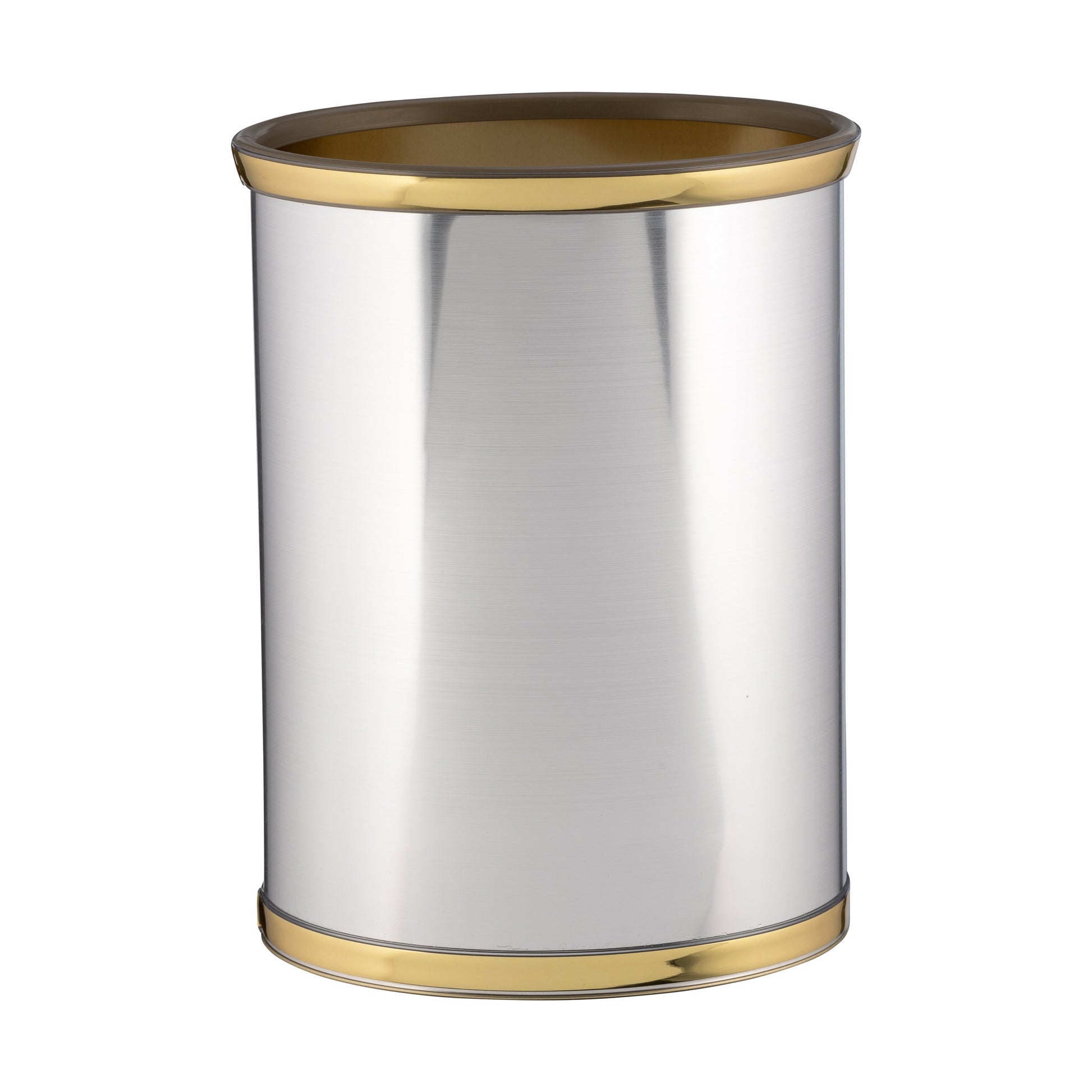 Brushed Chrome & Brass | 13qt oval Mylar wastebasket with a smooth metallic finish, offering a contemporary and durable design for upscale hospitality spaces.