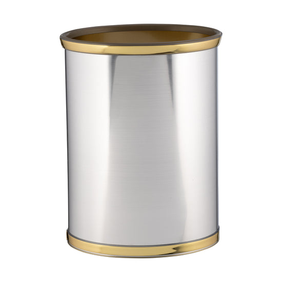 Brushed Chrome & Brass | 13qt oval Mylar wastebasket with a smooth metallic finish, offering a contemporary and durable design for upscale hospitality spaces.