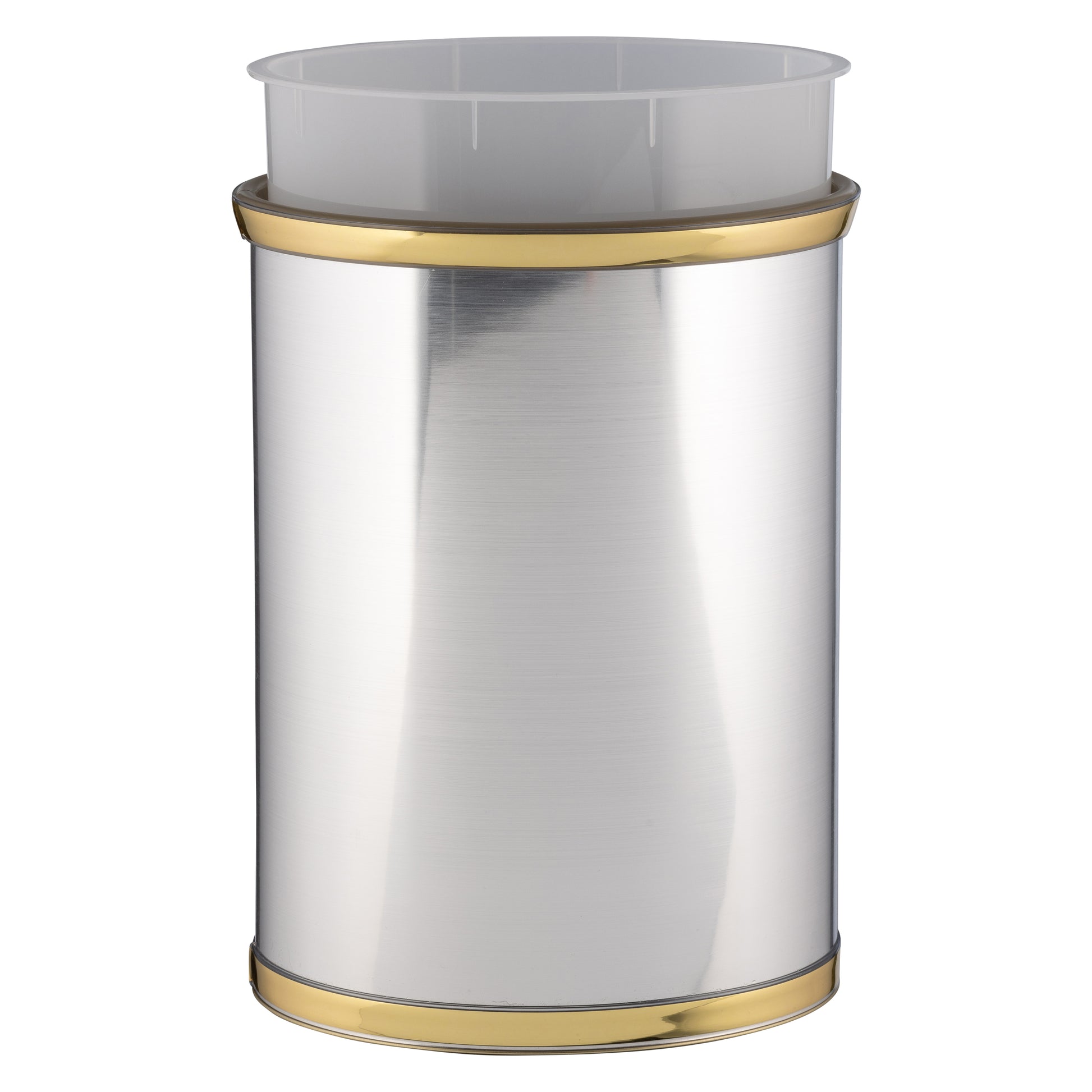 Brushed Chrome & Brass | Mylar 13qt oval wastebasket featuring a sleek, reflective surface and a lightweight construction, ideal for stylish and functional waste disposal.