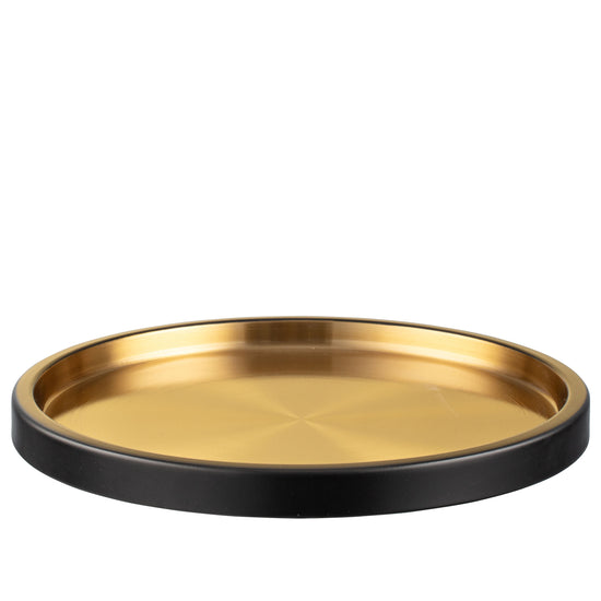 Black & Gold | Stylish 14-inch round tray with a modern design, perfect for serving drinks or displaying decorative items in any setting.