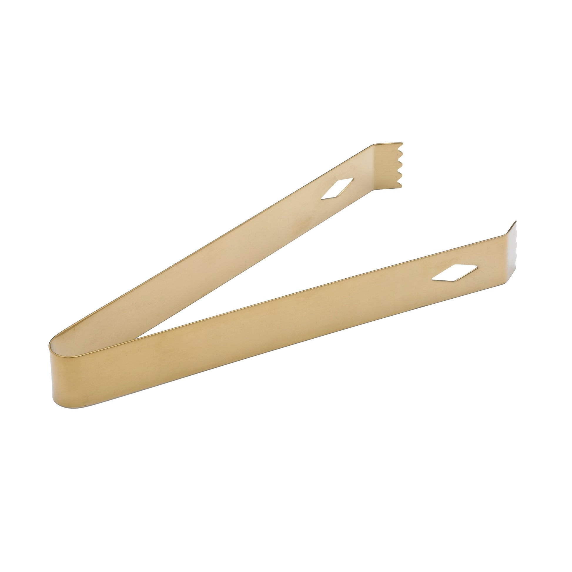 Gold | A pair of stainless-steel ice tongs designed for a firm grip on ice cubes.