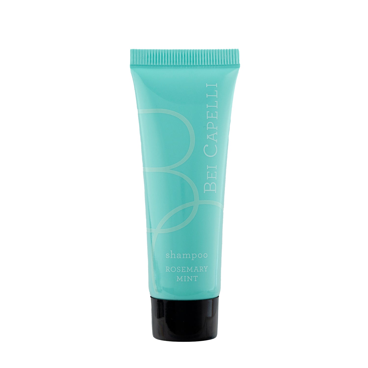 BEI CAPELLI Monogram 1oz Shampoo bottle with a sleek, travel-friendly design, offering a premium hair care experience for hotel guests in a compact size.