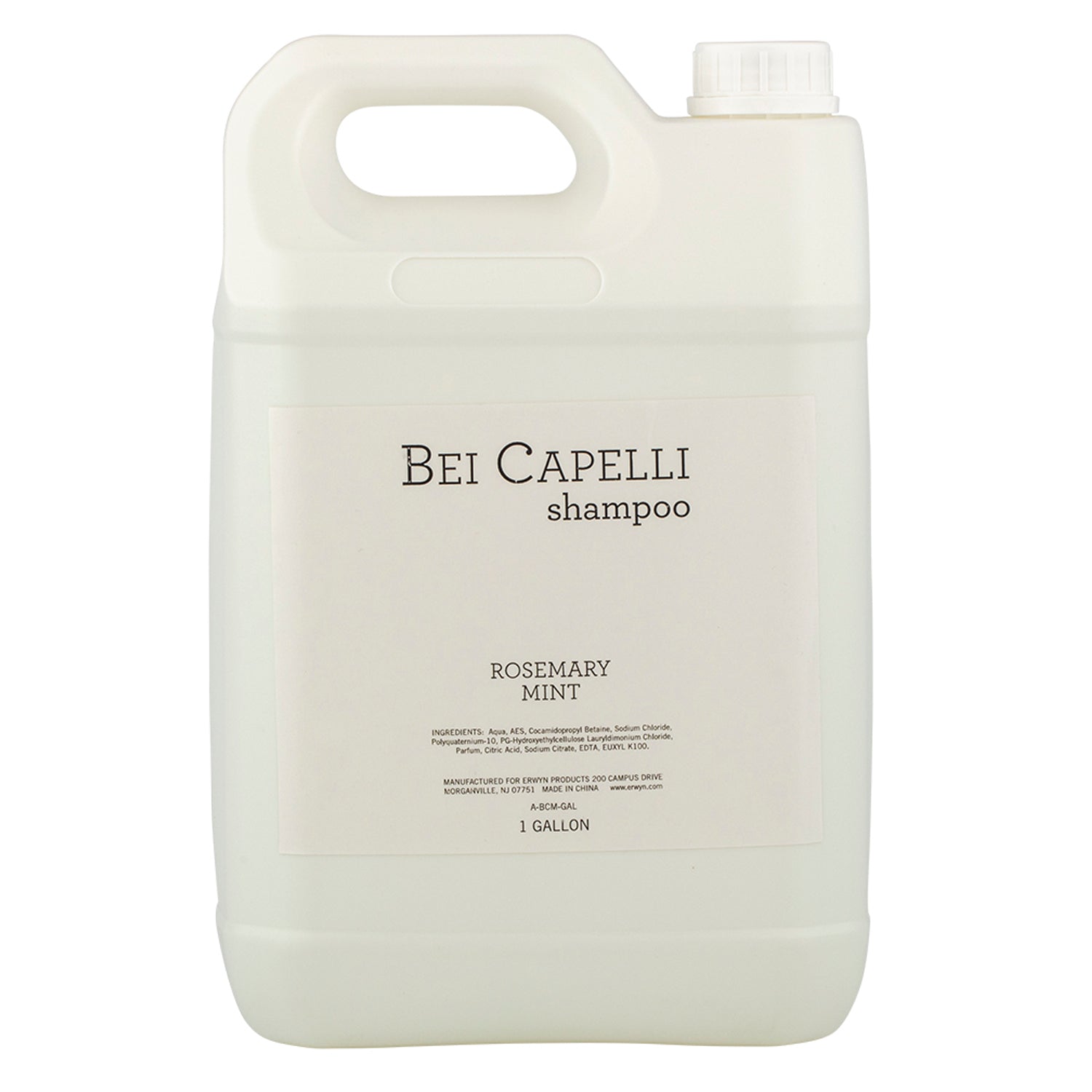 Monogram | BEI CAPELLI 1-Gallon Shampoo bottle, designed for housekeeping staff, featuring a clean white design with a simple logo, perfect for replenishing hotels or spas.