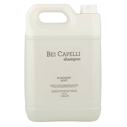 Monogram | BEI CAPELLI 1-Gallon Shampoo bottle, designed for housekeeping staff, featuring a clean white design with a simple logo, perfect for replenishing hotels or spas.