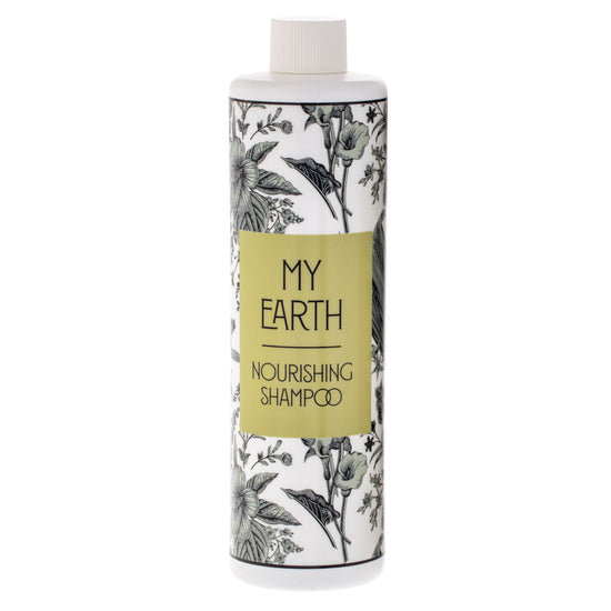 A 12oz bottle of MY EARTH: GARDEN OF EDEN Shampoo, featuring an eco-friendly formula designed to cleanse and nourish hair in hospitality settings.