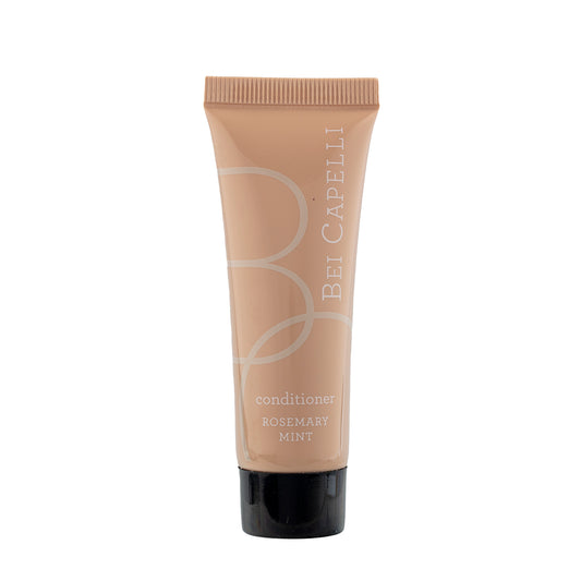 BEI CAPELLI Monogram 1oz Conditioner bottle with a sleek, travel-sized design, providing hotel guests with a premium, single-use conditioning experience for smooth and nourished hair.