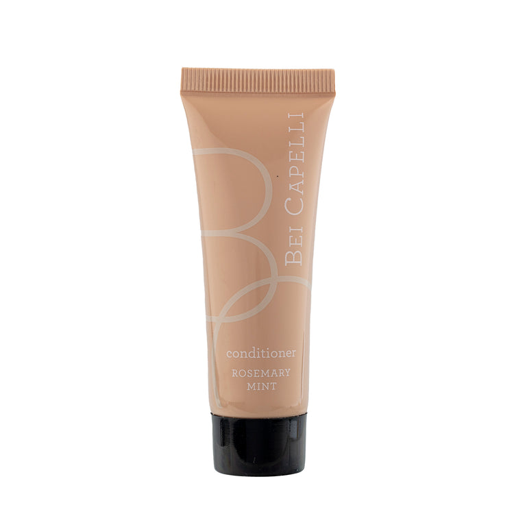 BEI CAPELLI Monogram 1oz Conditioner bottle with a sleek, travel-sized design, providing hotel guests with a premium, single-use conditioning experience for smooth and nourished hair.