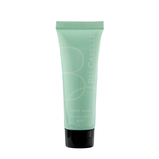 BEI CAPELLI Monogram 1oz Body Wash bottle with a sleek, travel-sized design, offering hotel guests a luxurious, single-use body wash experience for a refreshing and rejuvenating shower.