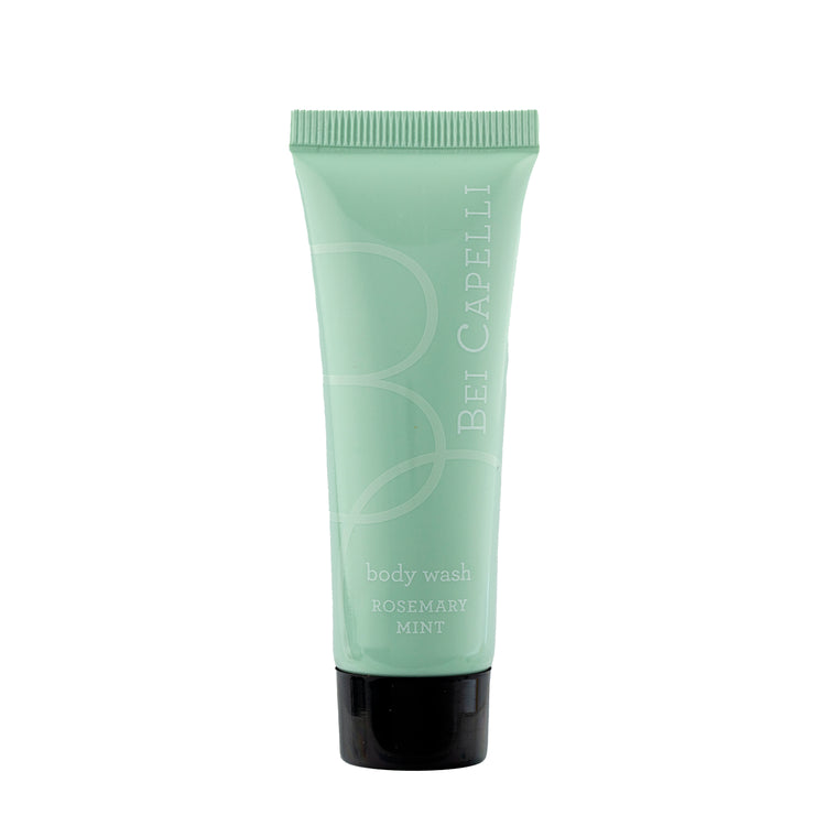 BEI CAPELLI Monogram 1oz Body Wash bottle with a sleek, travel-sized design, offering hotel guests a luxurious, single-use body wash experience for a refreshing and rejuvenating shower.