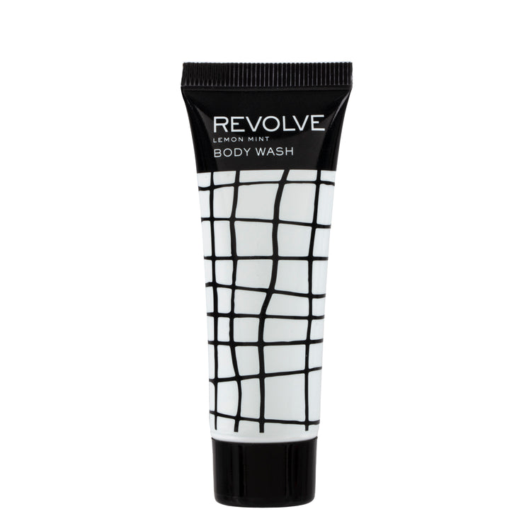 A 1oz bottle of REVOLVE: TERRAZZO Body Wash, featuring a sleek design and premium formula for a refreshing and luxurious guest cleansing experience.