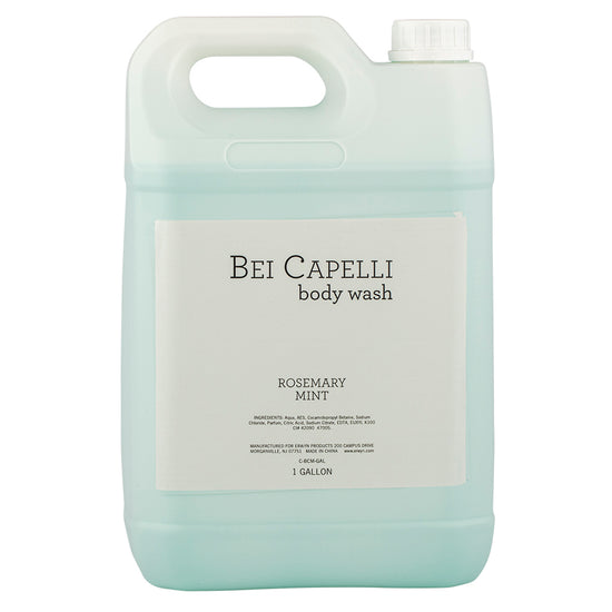 BEI CAPELLI Monogram 1 Gallon Body Wash bottle with a clean, white design, perfect for hotel or spa use, offering luxurious and refreshing body care in a cost-effective bulk size for refills.