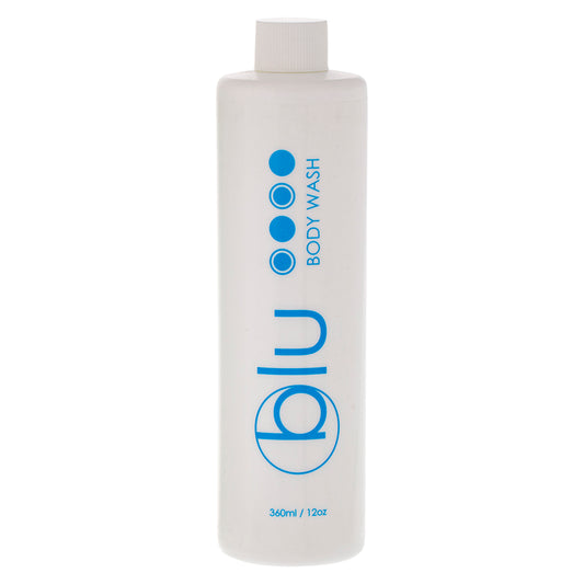 BLU 12oz Body Wash bottle with a modern design, providing hotel guests a refreshing and luxurious cleansing experience.