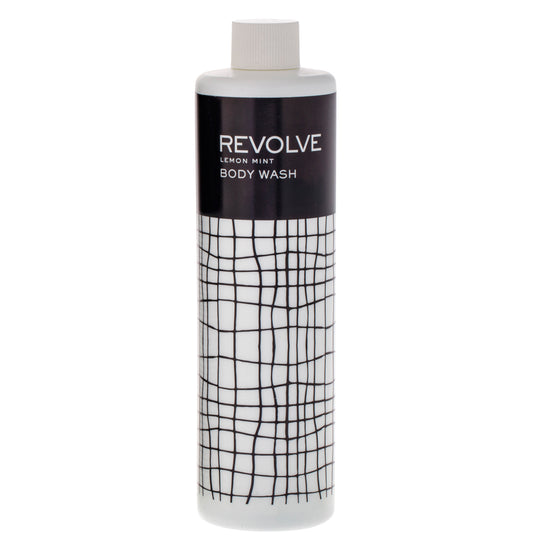 A sleek bottle of REVOLVE: TERRAZZO 12oz Body Wash offers a premium cleansing experience with a modern design perfect for hospitality settings.