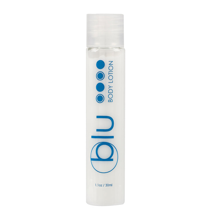 BLU 1oz Lotion in a sleek, travel-sized bottle, providing hotel guests with a luxurious moisturizing experience for soft, smooth skin.