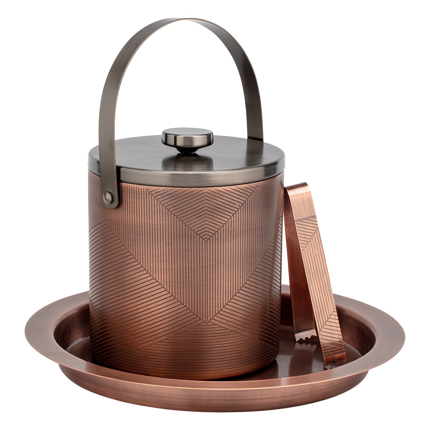 Oil Rubbed Bronze & Charcoal | Chic Urban Oasis Chevron 3qt Ice Bucket & Ice Tong Set, offering a stylish and practical solution for serving ice in luxury spaces.