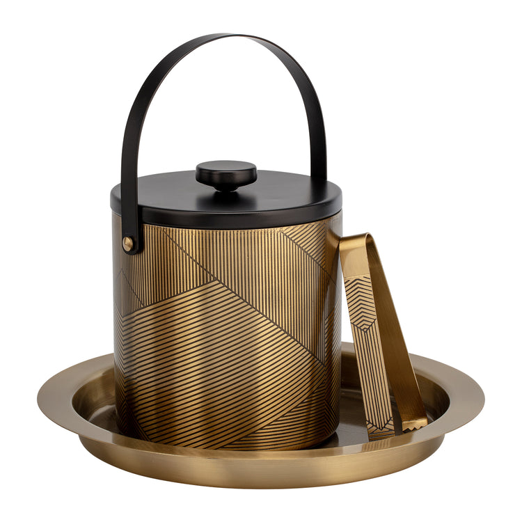 Brushed Gold & Black | Urban Oasis Chevron 3qt Ice Bucket & Ice Tong Set, crafted to combine style and functionality for luxury hotel bars and lounges.