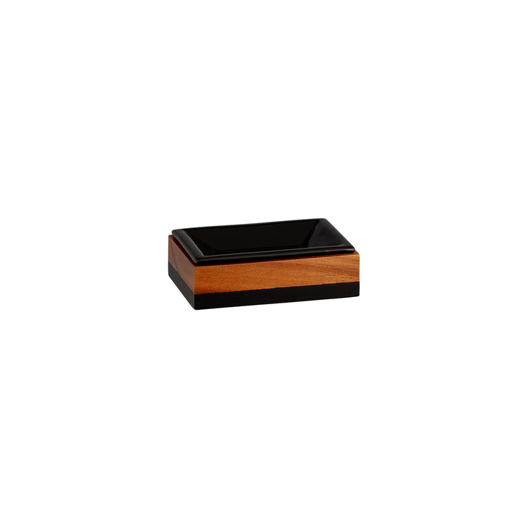 Acacia | Image of the Rectangle Soap Dish with Black Ceramic Insert and black base.