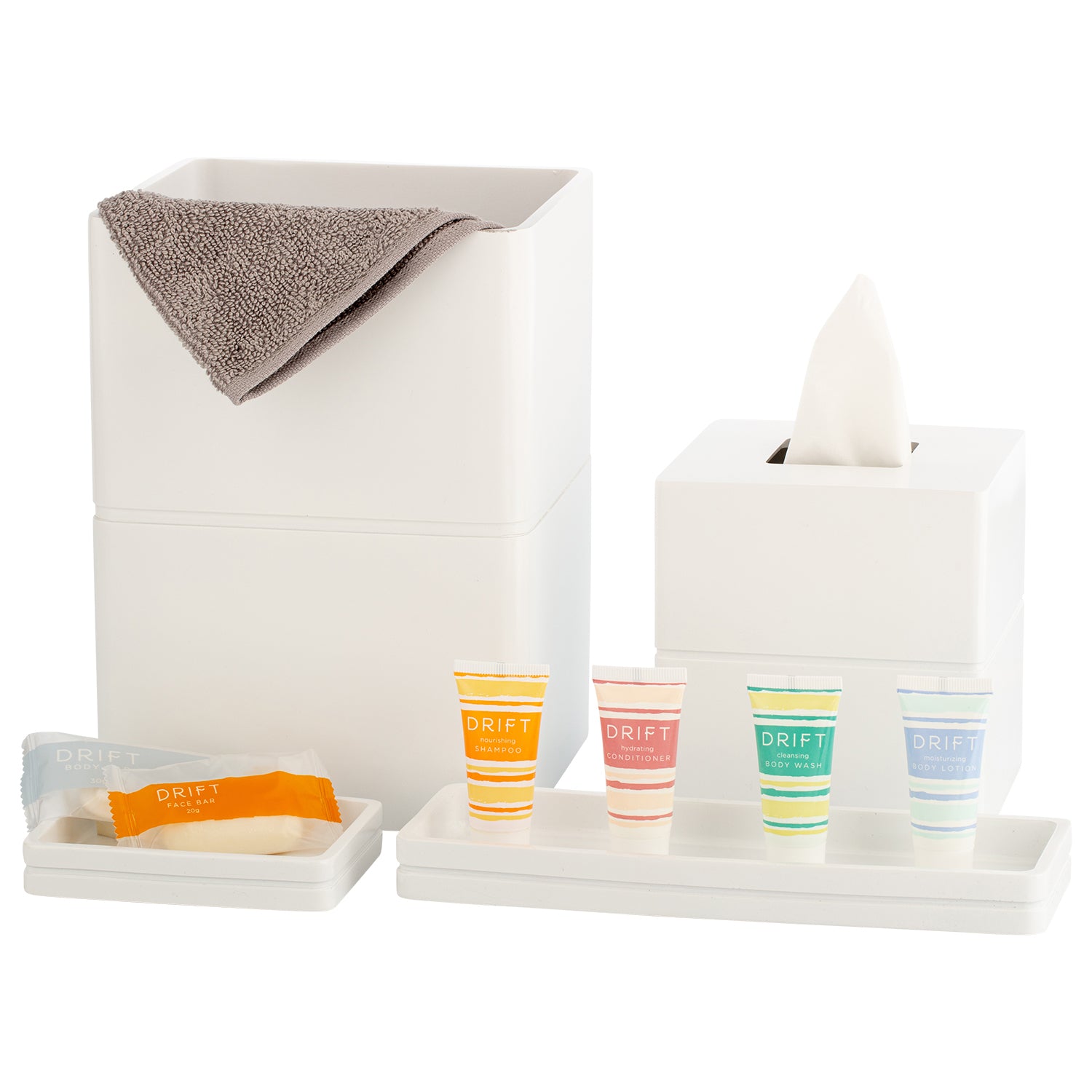 White | A sophisticated Malibu Bath Accessories Set designed for upscale hospitality.