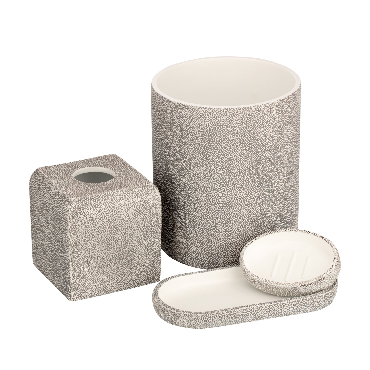 Neutral | Complete Shagreen Line bath accessories set displayed featuring a luxurious textured design for an upscale look.